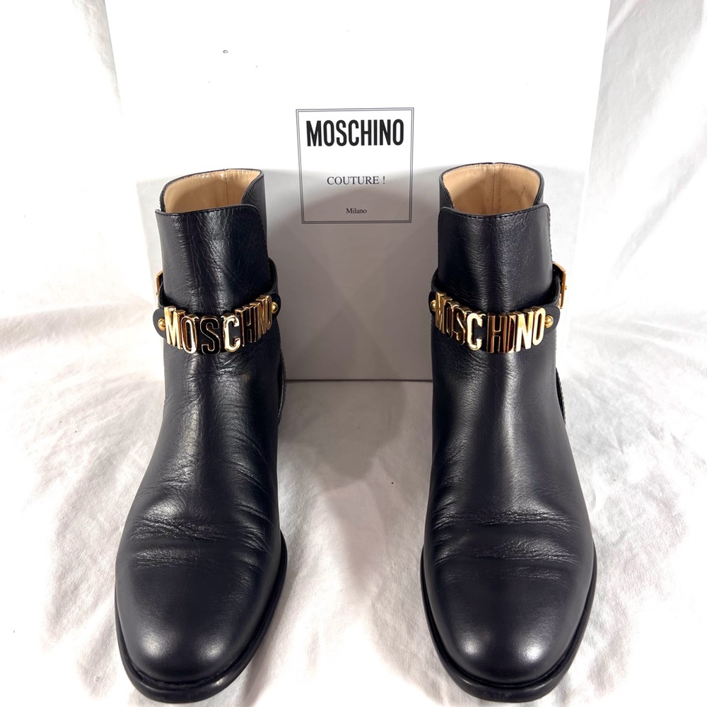 $795 MOSCHINO Black Leather Ankle Strap Women Booties Made in Italy 37 - 7US